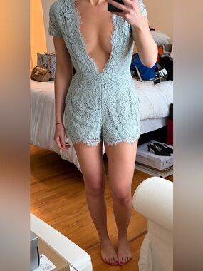 NBD Light Mint Lace Plunge Romper Shorts